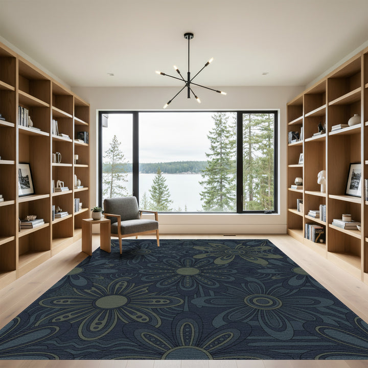 Retro Daisy Blue And Green Rug