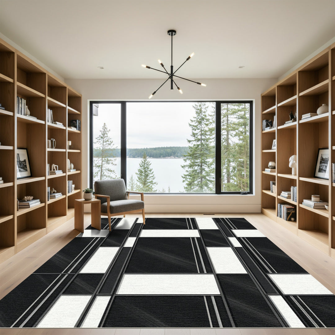 Modern Black White Geometric Rectilinear Rug