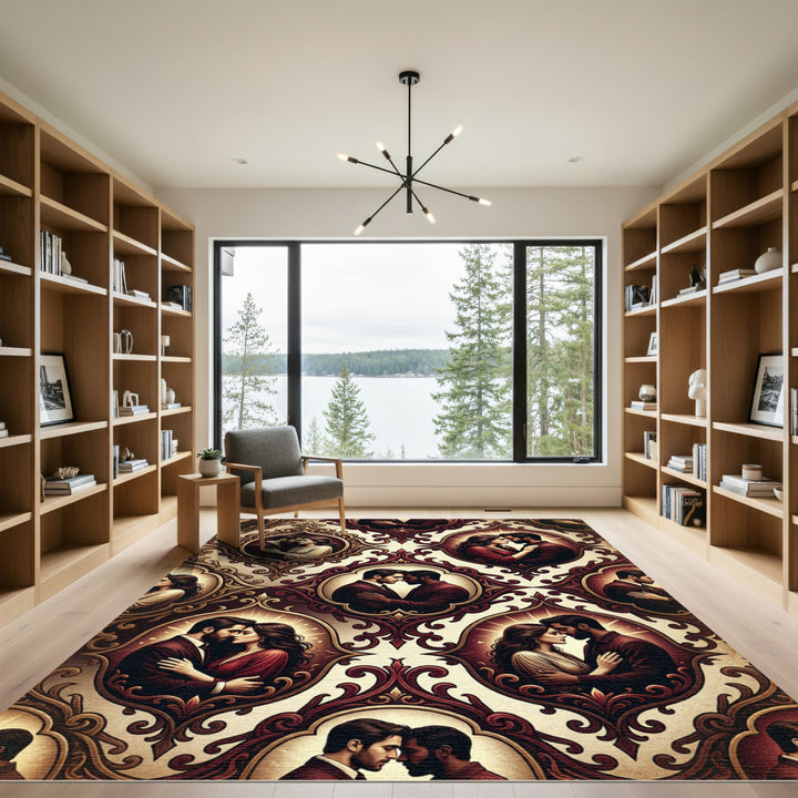 Romantic Couple Oval Frame Red Medallion Rug