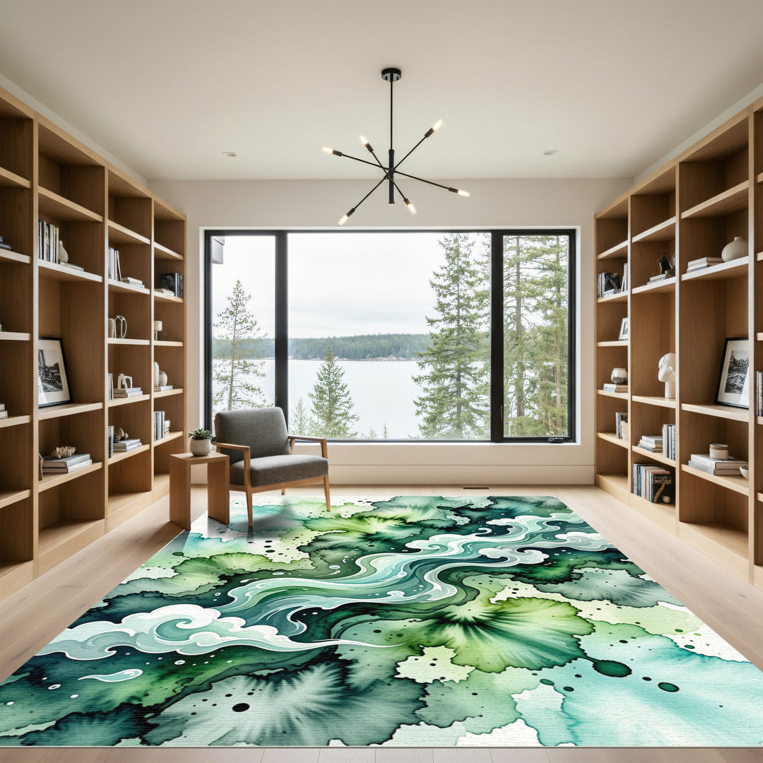 Abstract Green Watercolor Splash Flow Rug
