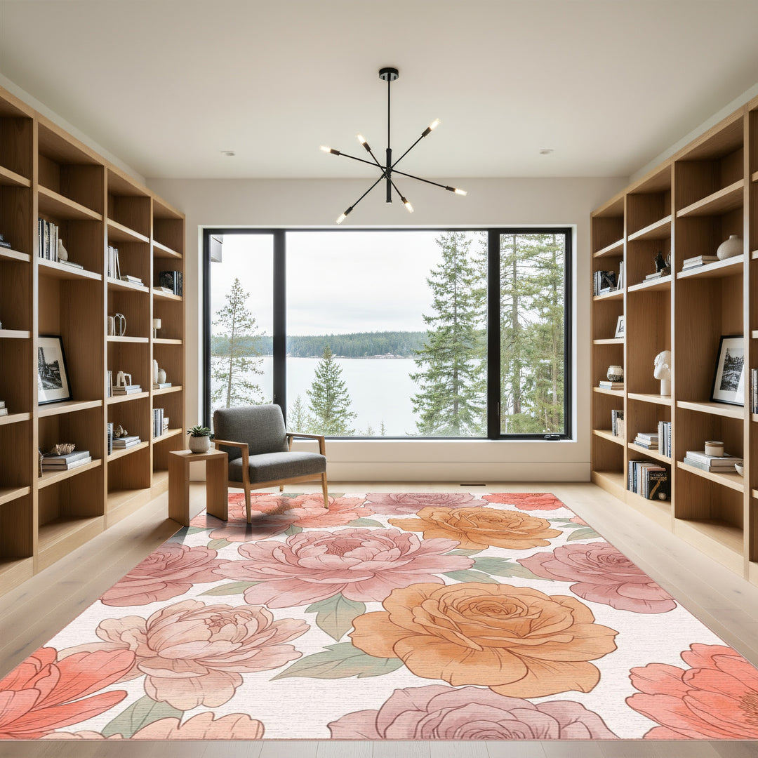 Soft Peach Rose Peony Watercolor Blend Rug
