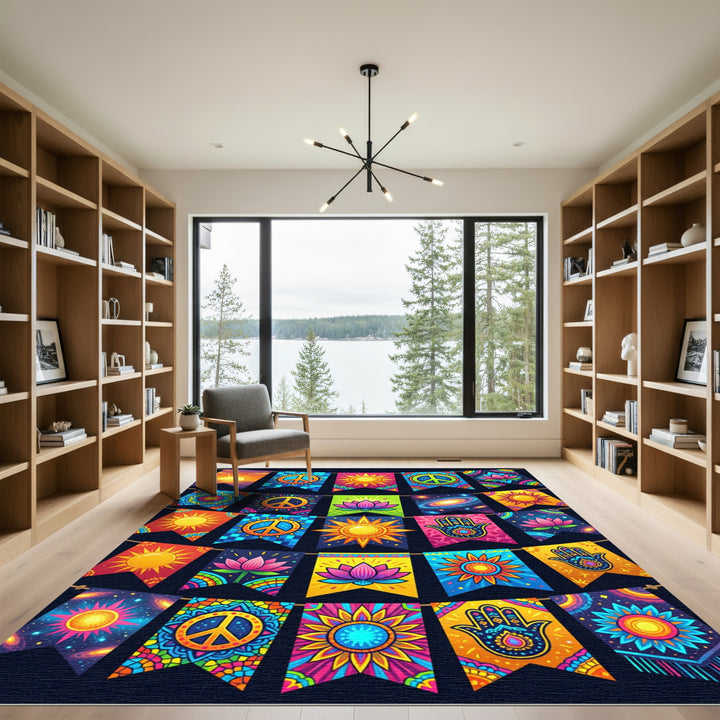 Vibrant Sun Lotus Peace Hand Banner Garland Rug