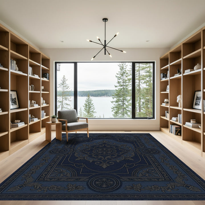 Antique Indigo Ornate Floral Medallion Rug