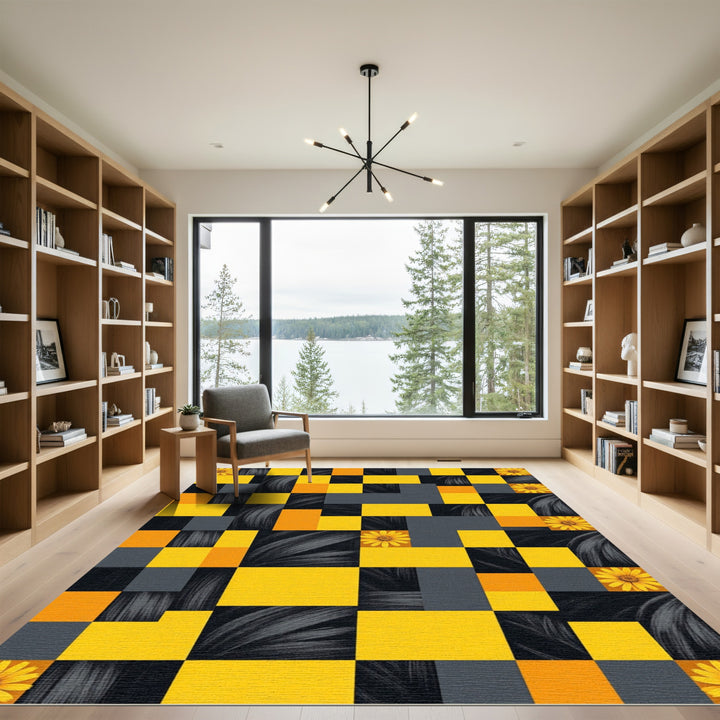Golden Yellow Floral Blocks Rug