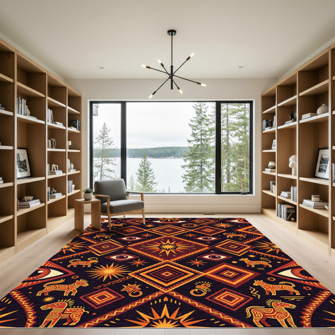 Tribal Sun Eye Horse Geometric Arrangement Rug