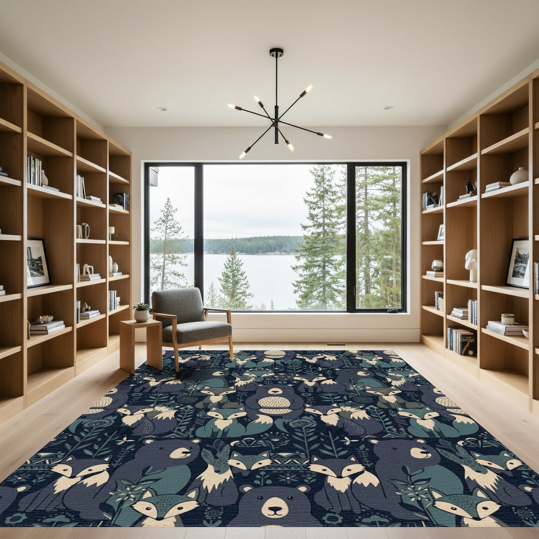 Forest Animals Blue Woodland Narrative Rug