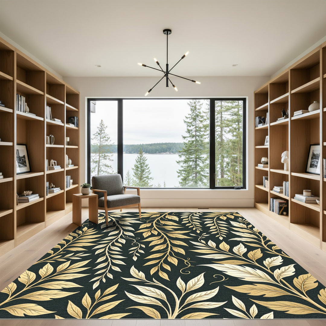 Golden Leafy Branches Dark Background Rug