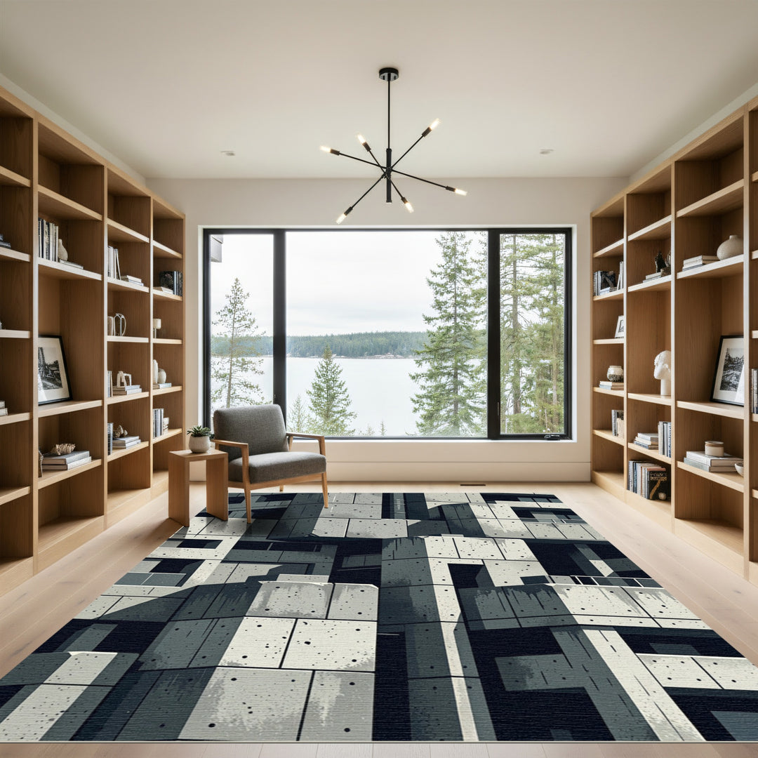 Grayscale Brutalist Concrete Block Rug