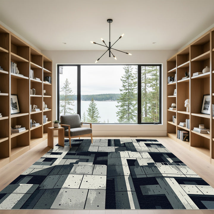 Grayscale Brutalist Concrete Block Rug