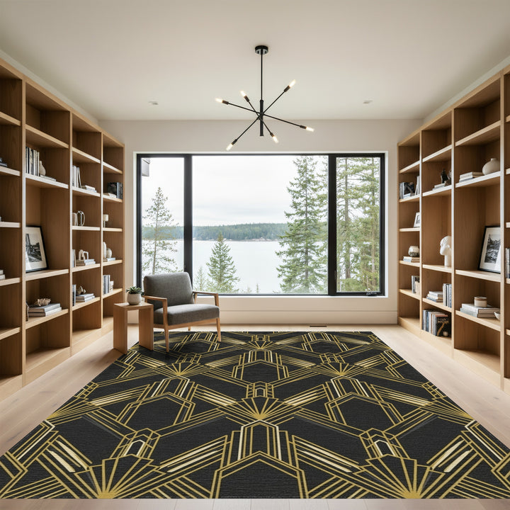 Art Deco Black Gold Geometric Fan Rug