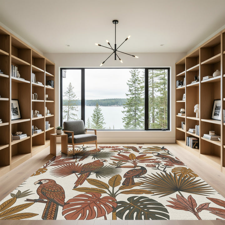 Retro Tropical Parrot Toucan Foliage Rug