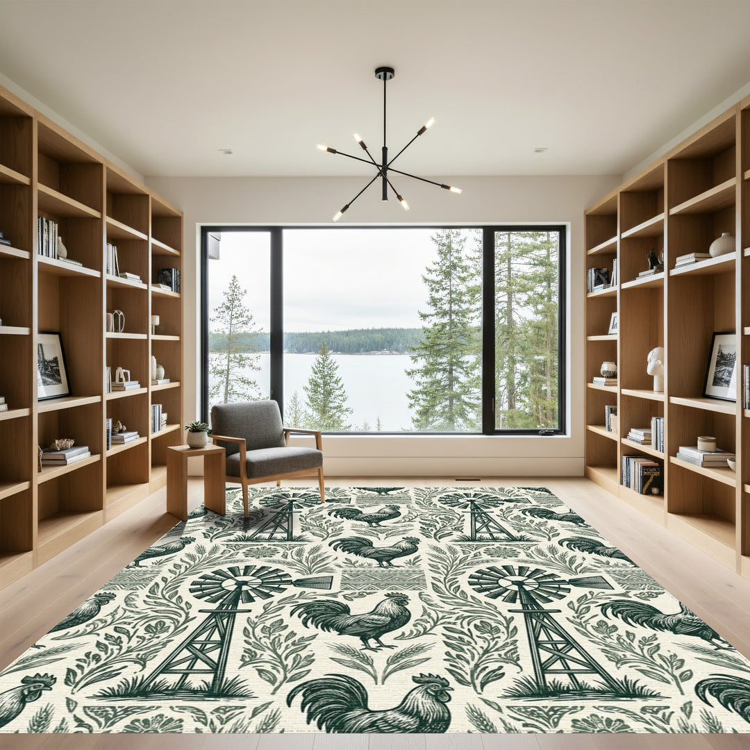 Farmhouse Windmill Rooster Garden Folk Art Rug