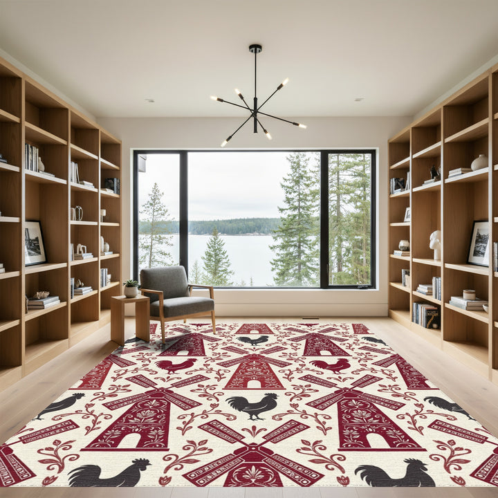Country Red Windmill Rooster Floral Rug
