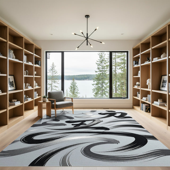 Modern Black Silver Brushstroke Rug
