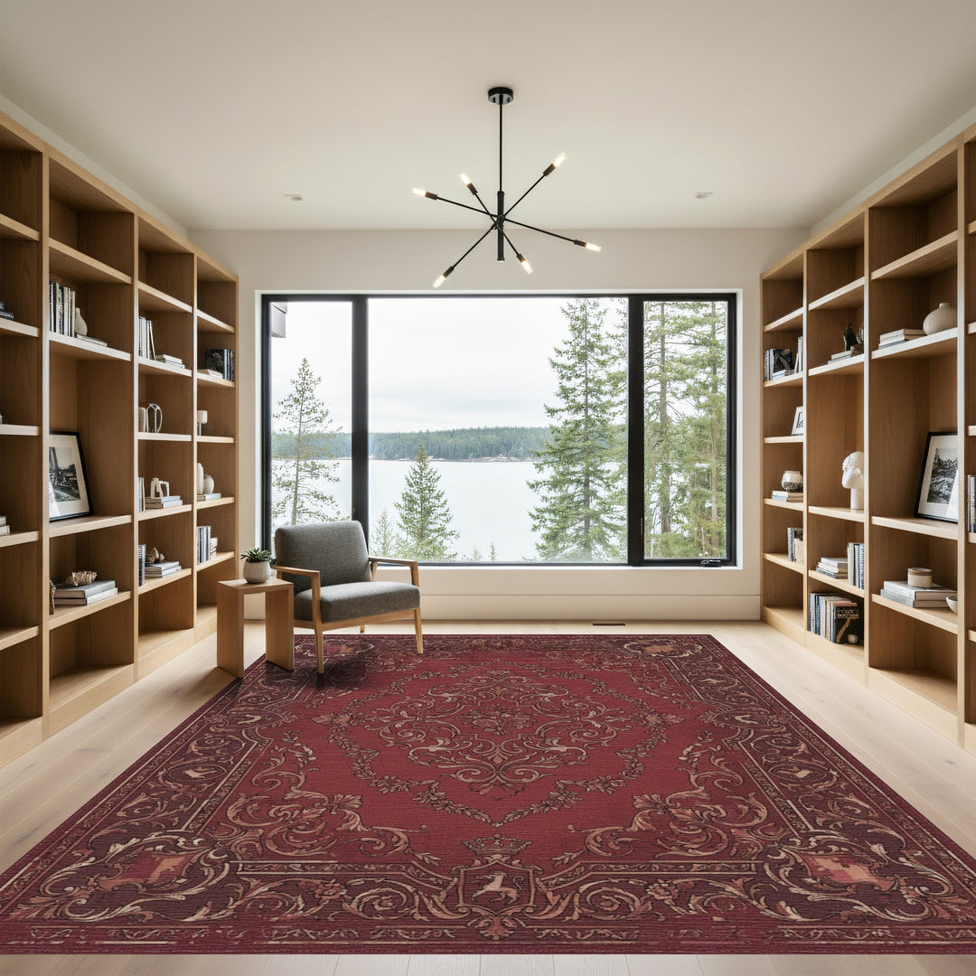 Rich Burgundy Vintage Scroll Medallion Rug