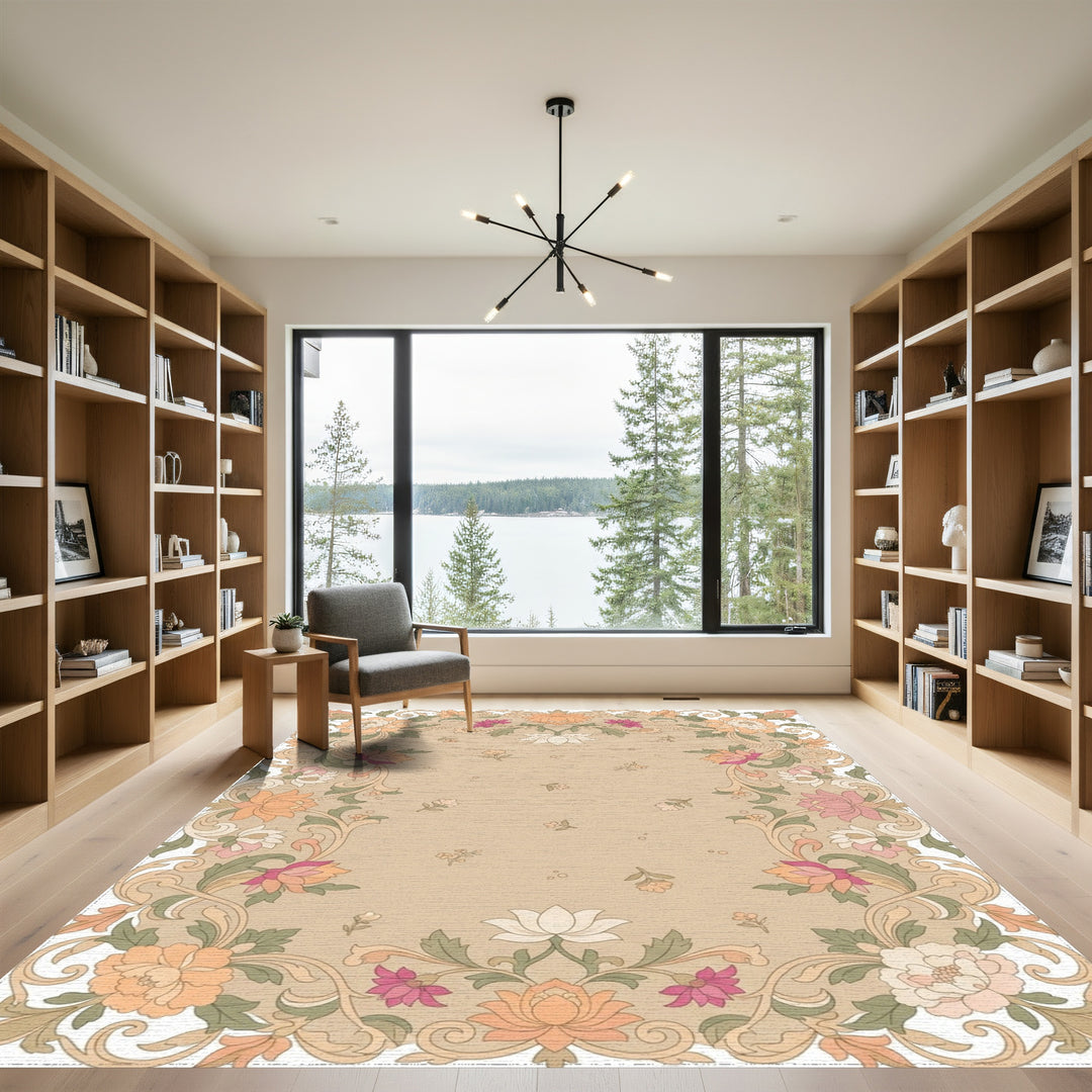 Floral Border with Peony and Lotus Motifs Rug