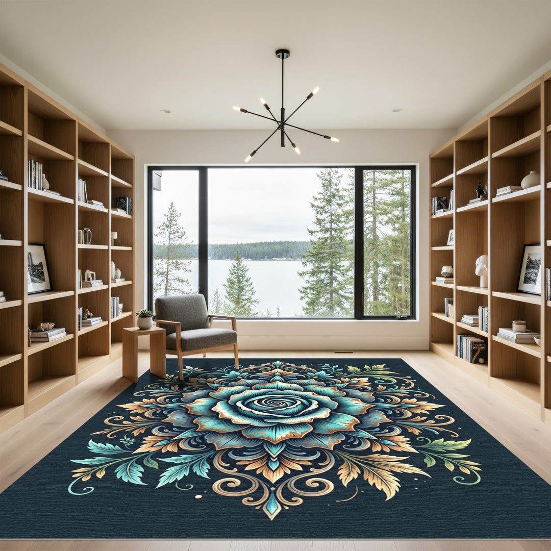 Teal Teal Rose Medallion Ornamental Rug
