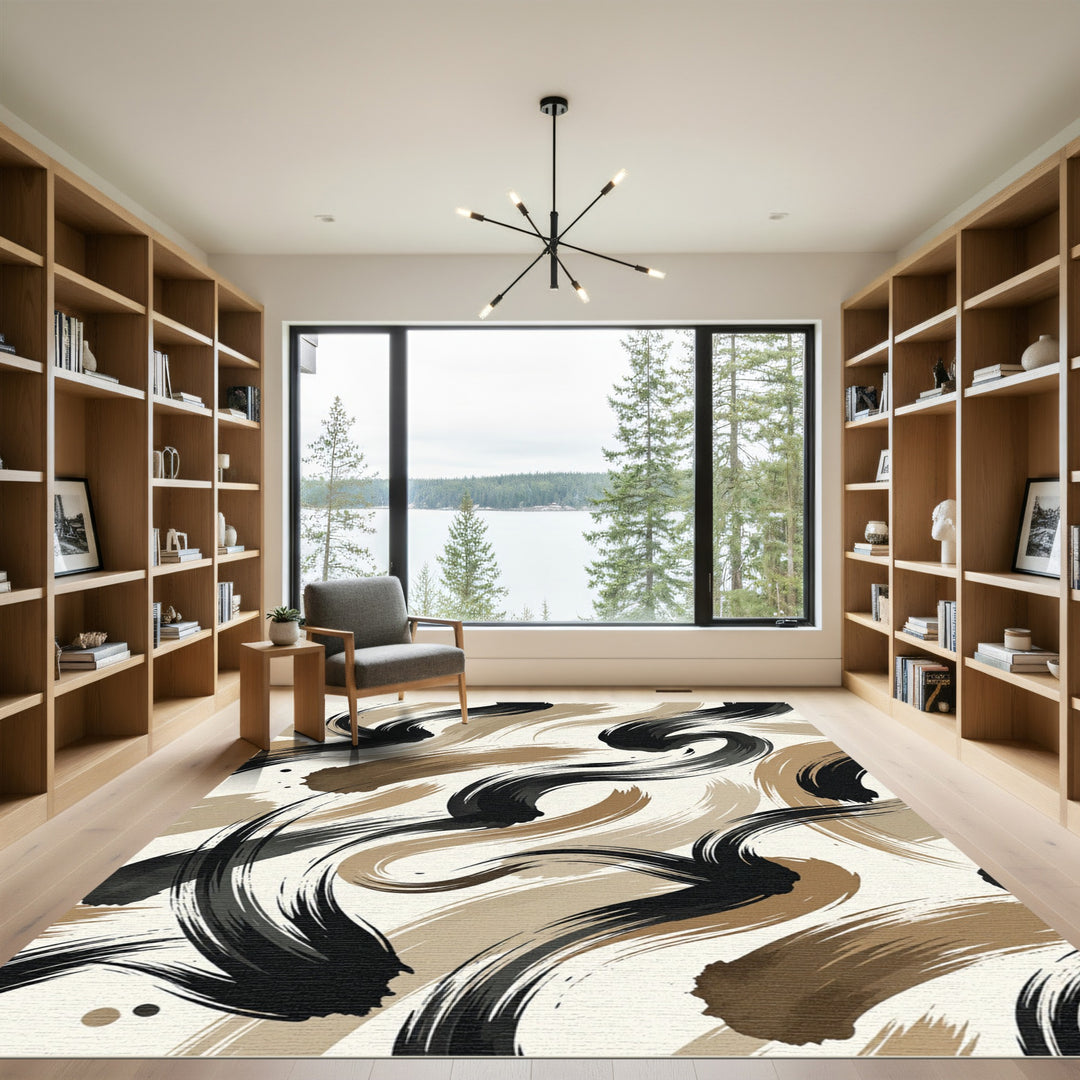 Abstract Black Brown Brushstroke Rug
