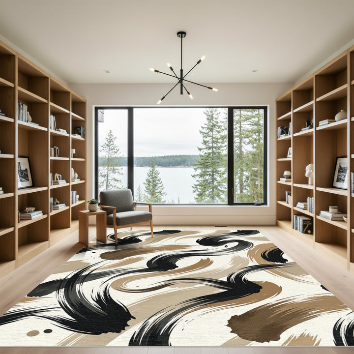 Abstract Black Brown Brushstroke Rug