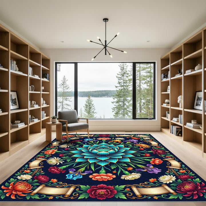 Turquoise Lotus Garden Floral Tapestry Rug