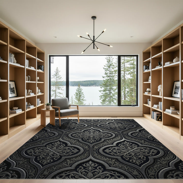 Elegant Black Silver Damask Ornament Rug