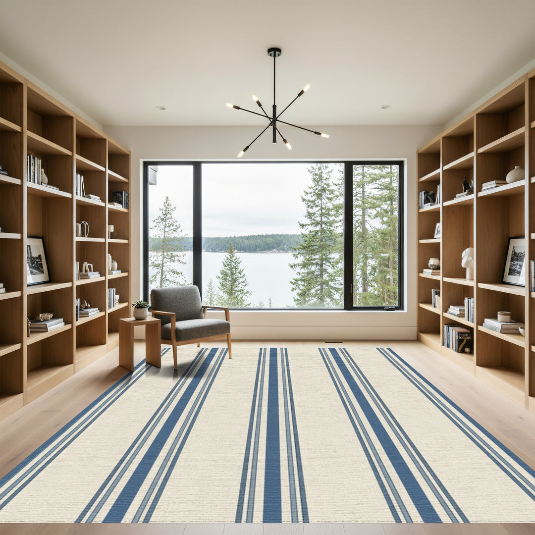 Coastal Cream Blue Striped Drape Rug