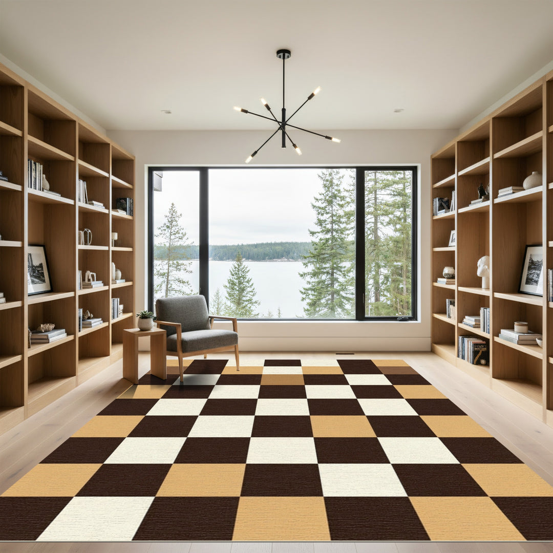 Brown Cream Tan Checkerboard Squares Rug