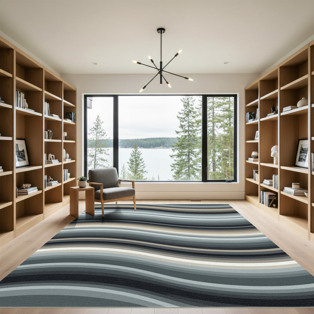 Abstract Wavy Gray Tan Stripe Rug