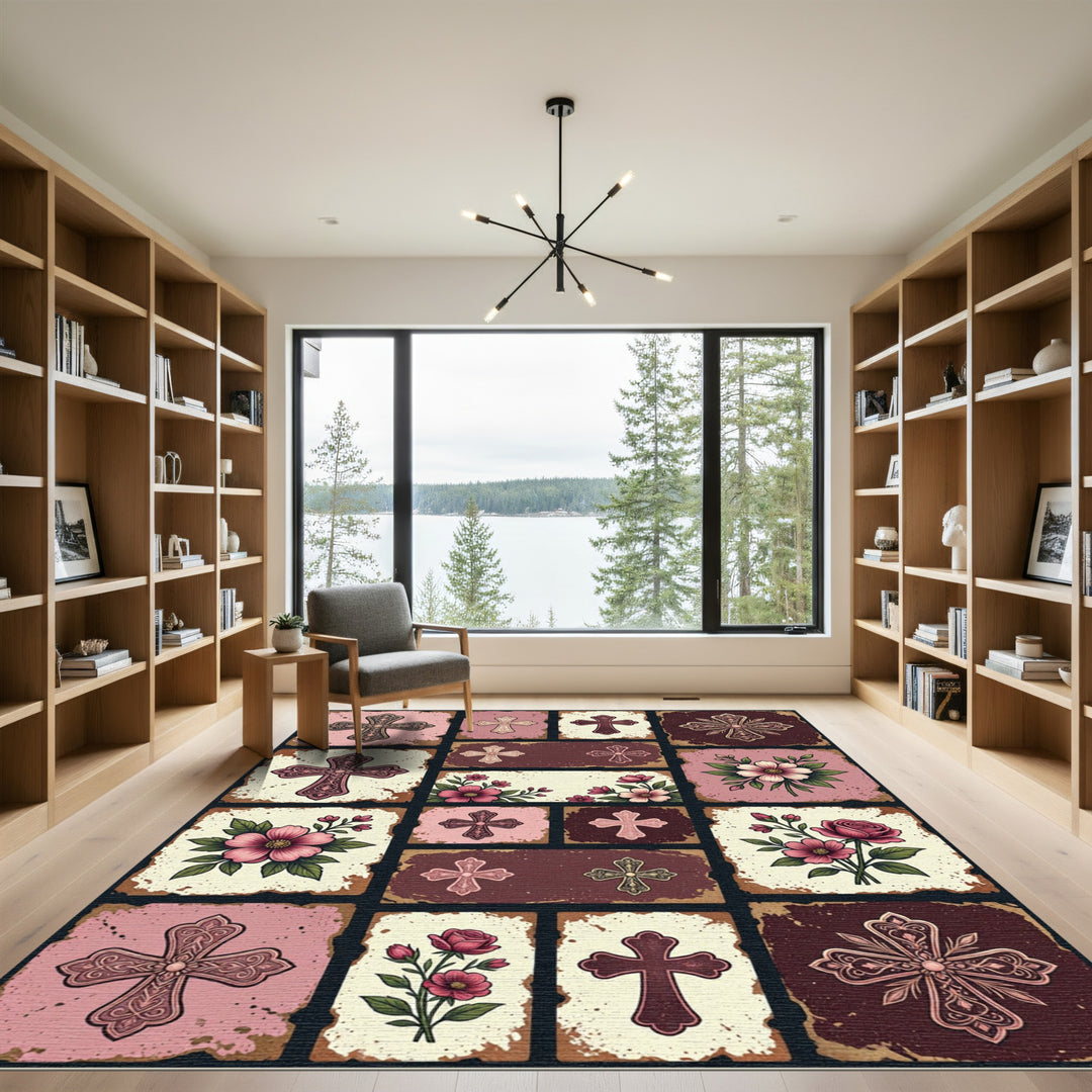 Pink Floral Cross Collage Rug