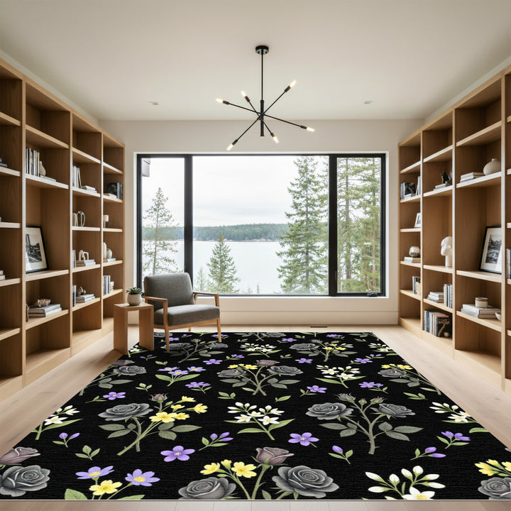Black Rose and Violet Scattered Blooms Rug