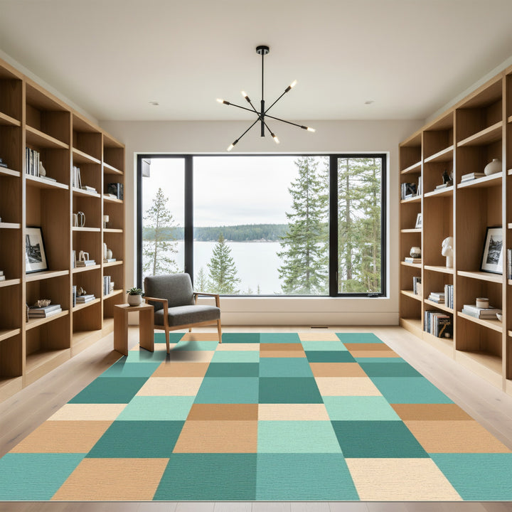 Geometric Teal Peach Cream Blocks Rug