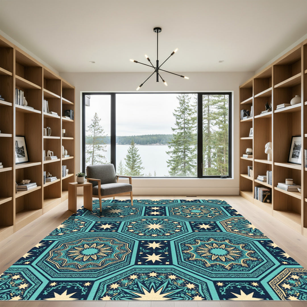 Teal Geometric Starburst Arabesque Medallion Rug