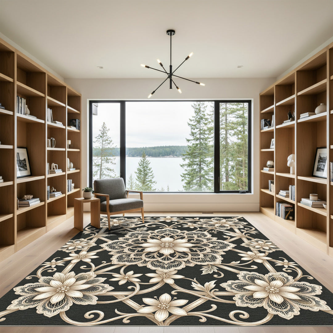 Elegant Beige Lace Floral Medallion Rug