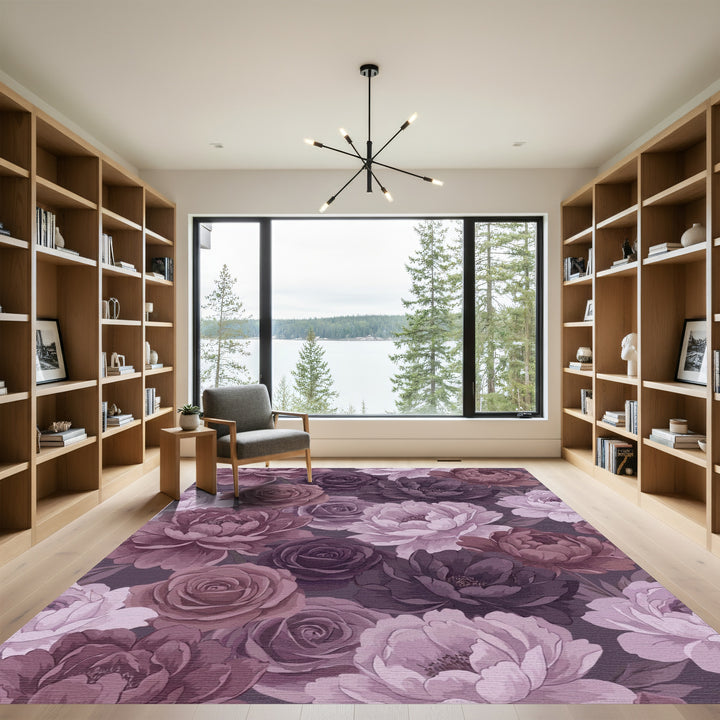 Romantic Plum And Mauve Peony Rose Garden Rug