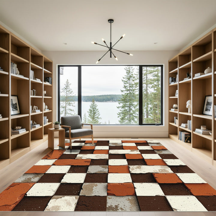 Terracotta White Brown Block Illusion Rug