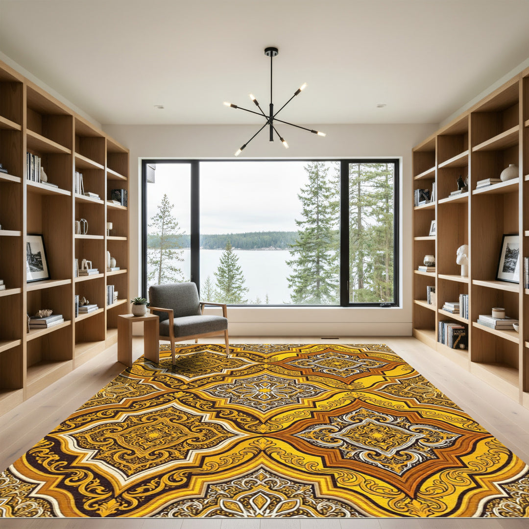 Golden Yellow Ornate Quatrefoil Medallion Rug