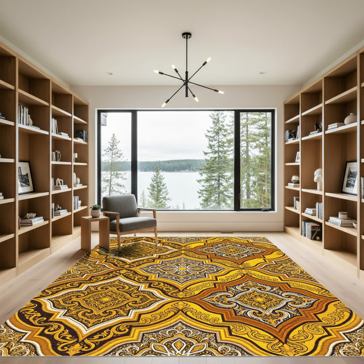 Golden Yellow Ornate Quatrefoil Medallion Rug