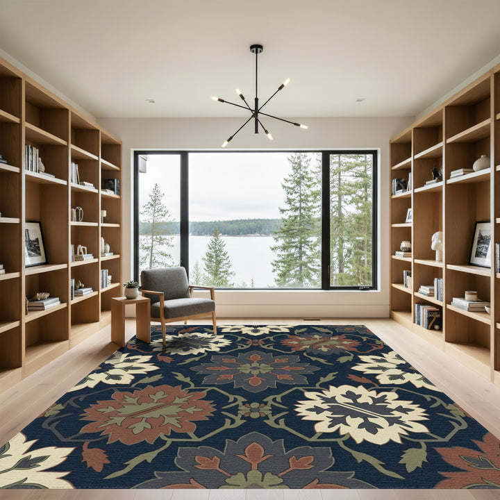 Deep Navy Red Floral Medallion Rug