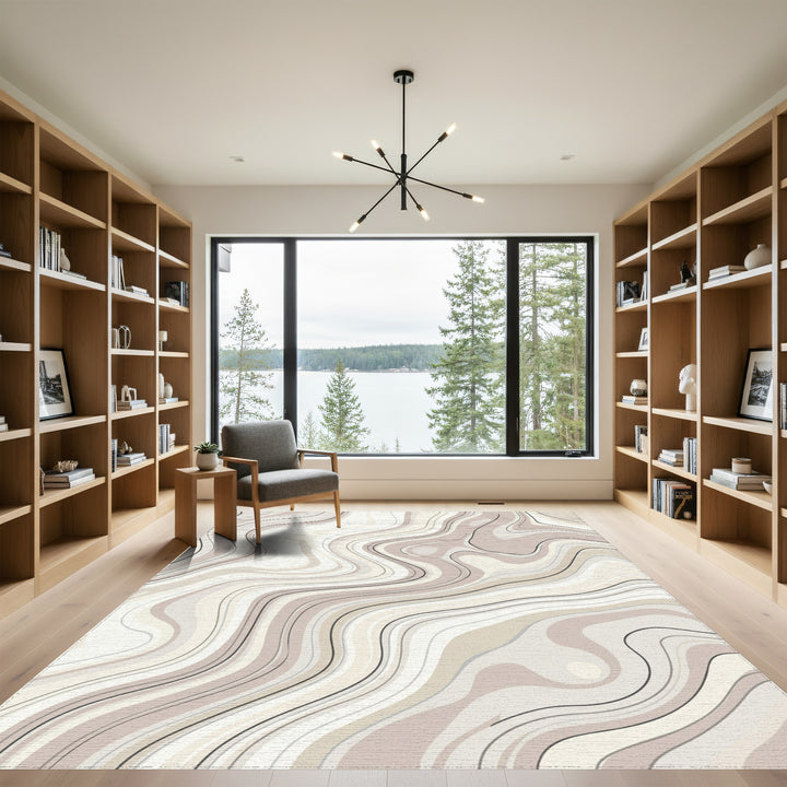 Cream and Taupe Swirling Abstract Lines Rug
