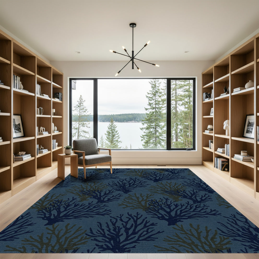 Navy Blue Coral Branch Arrangement Rug