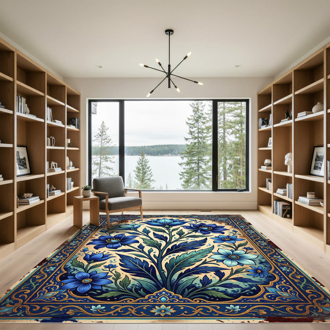 Deep Blue Floral Garden Frame Rug