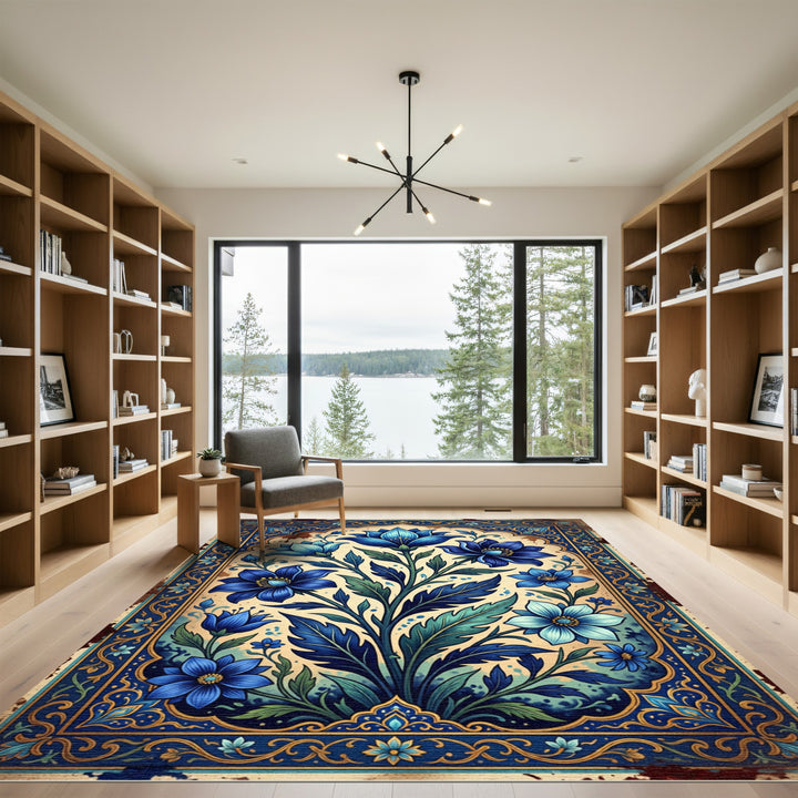 Deep Blue Floral Garden Frame Rug