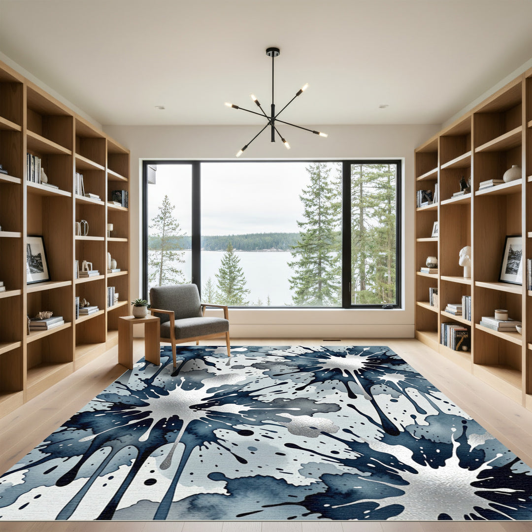 Ethereal Indigo Splatter Abstract Rug