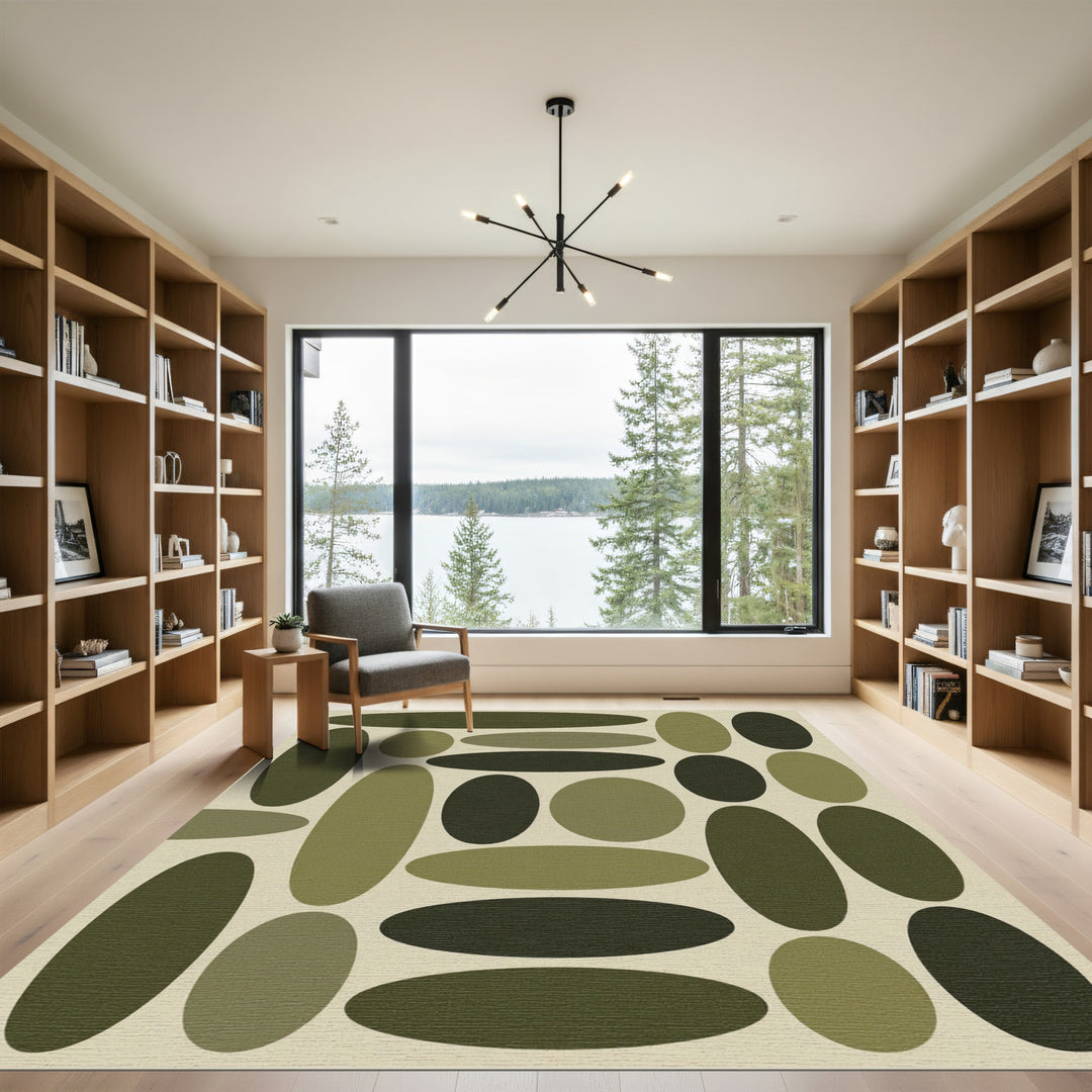 Olive Green Abstract Oval Arrangement Rug