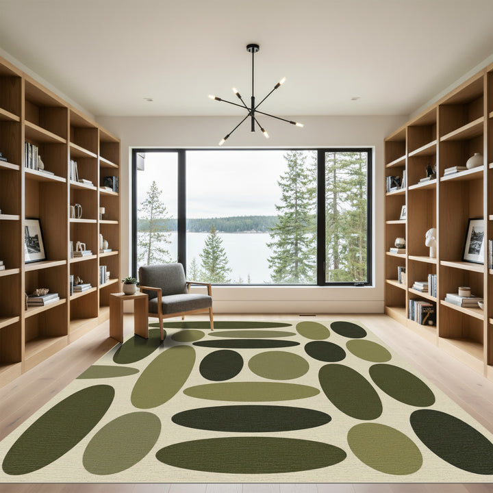 Olive Green Abstract Oval Arrangement Rug