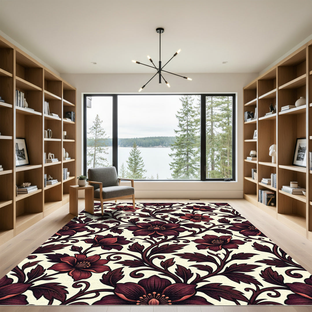 Deep Red Floral Vines Rug