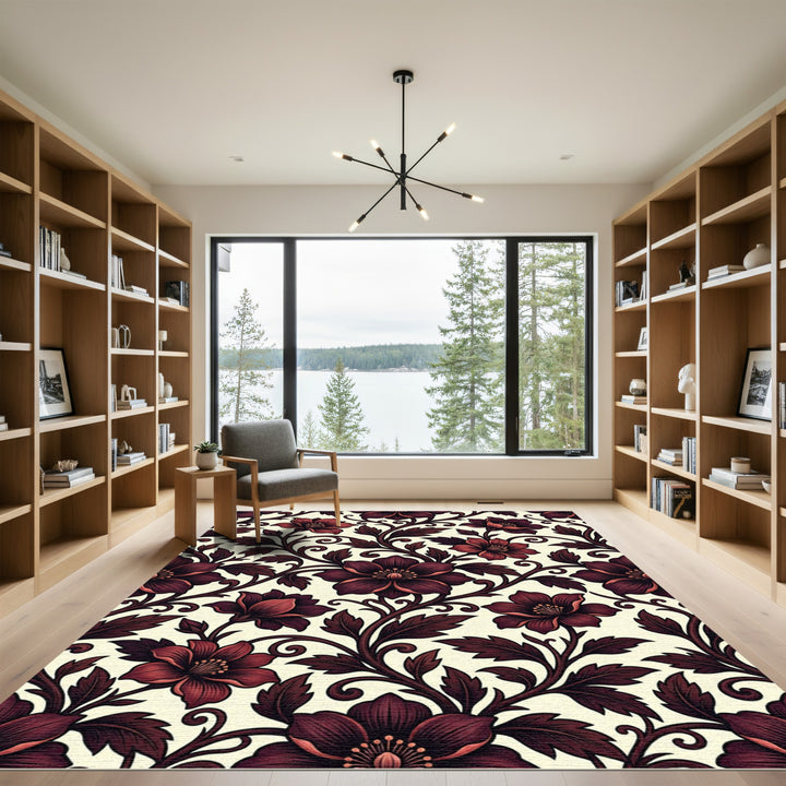 Deep Red Floral Vines Rug