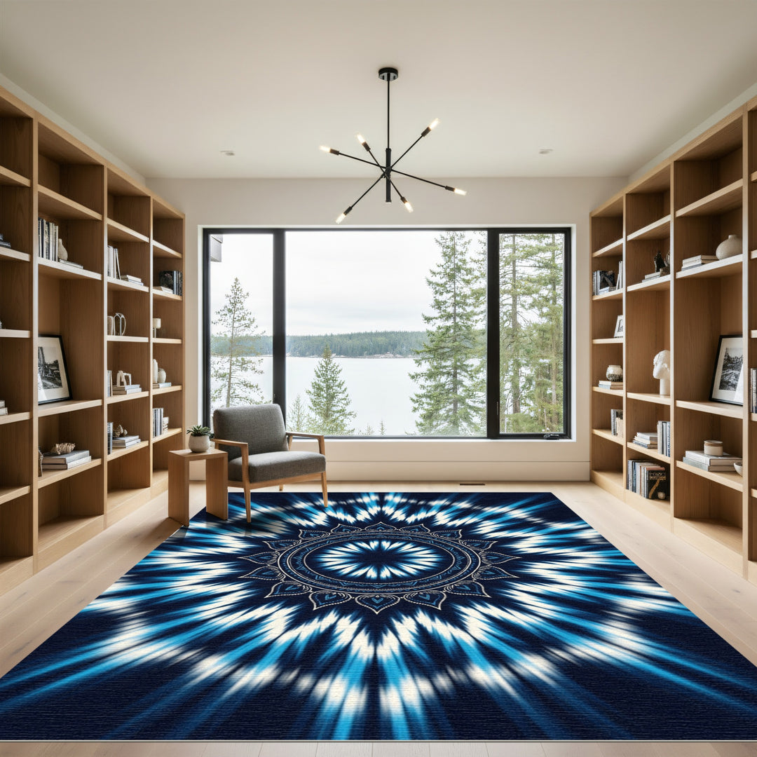Deep Blue White Sunburst Medallion Rug