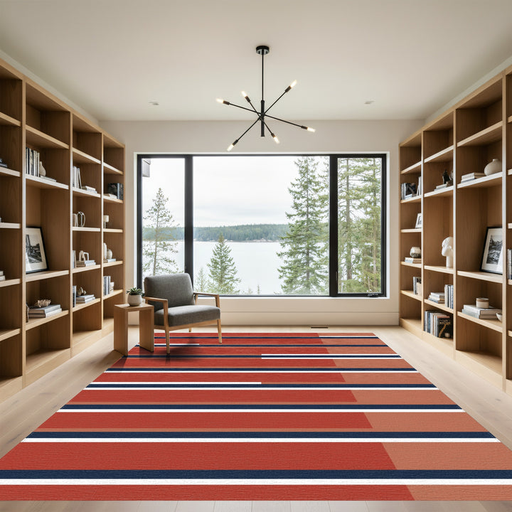 Earthy Red Navy Stripe Collage Rug