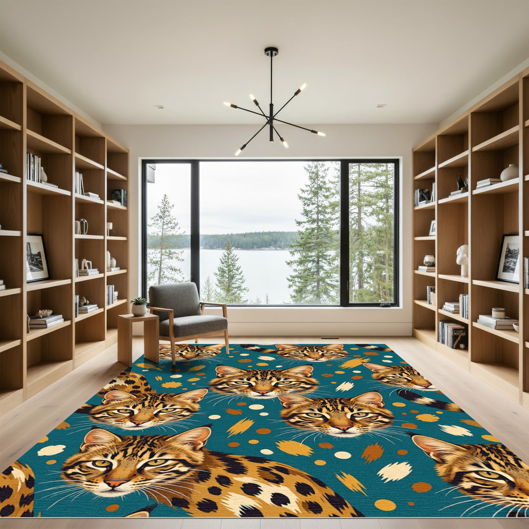 Wild Cat Face Teal Abstract Brushstrokes Rug